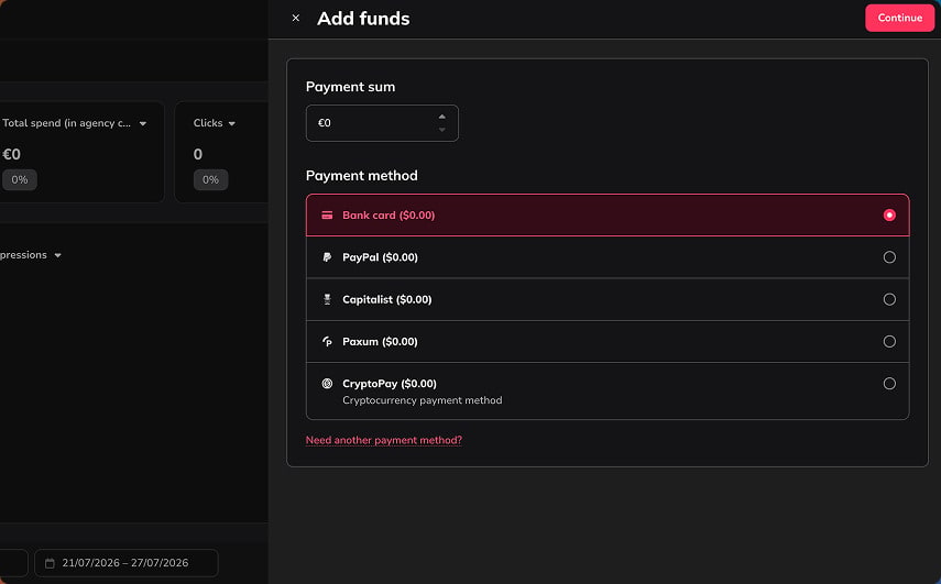 Add funds panel in the Adskeeper agency account with payment methods