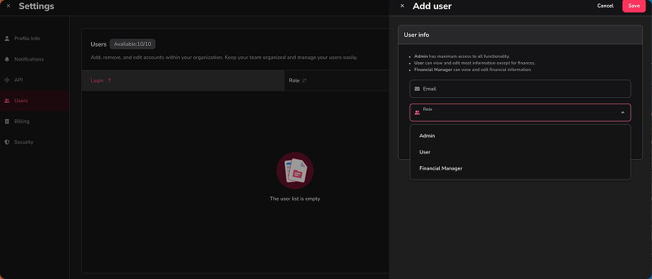 Adskeeper agency settings with user roles Admin, User and Financial Manager