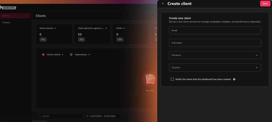 Create client form in the Adskeeper agency account with email, name, currency and country fields