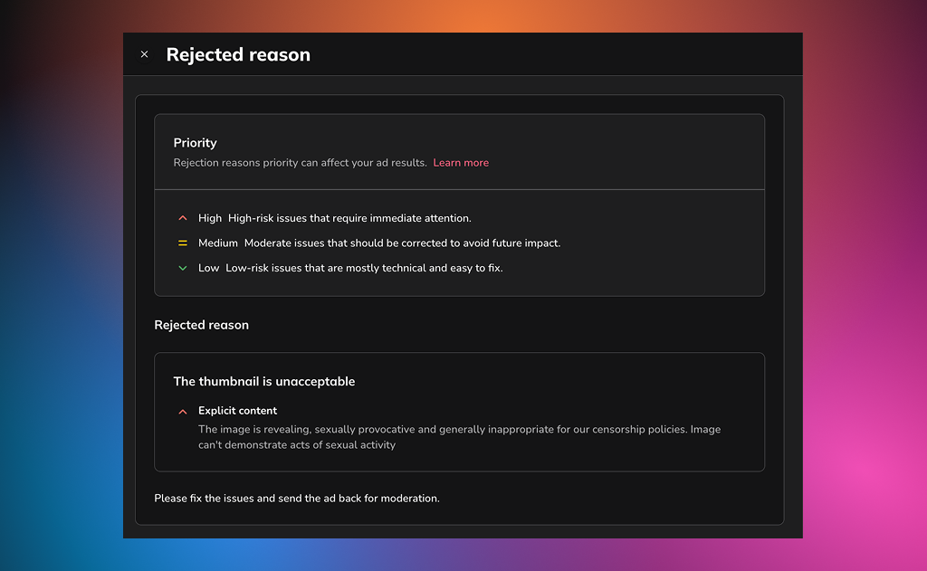Rejection reasons in Adskeeper