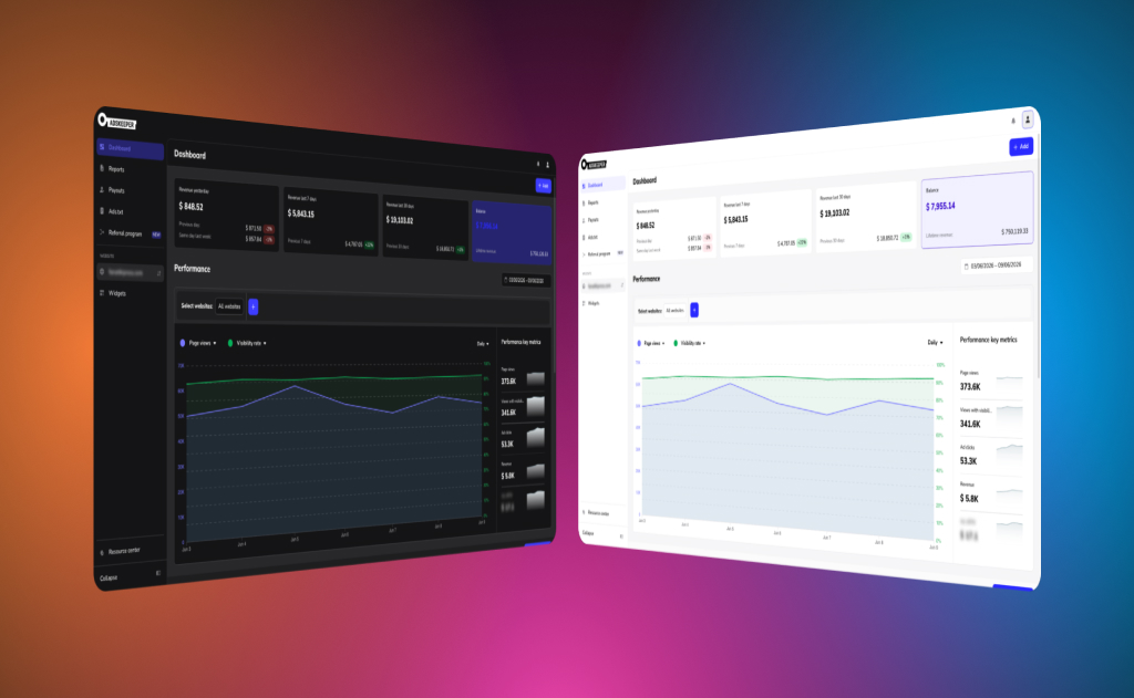 Adskeeper publisher dashboard in light and dark mode