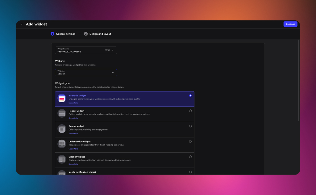 Adskeeper publisher dashboard widget creation flow with live preview